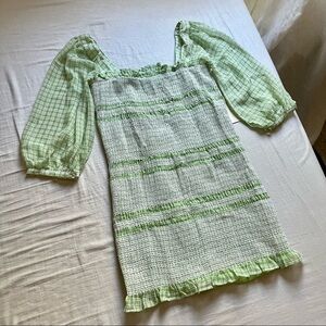 NWT Capulet sage green plaid gingham ruched smocked bodice‎ mini dress
